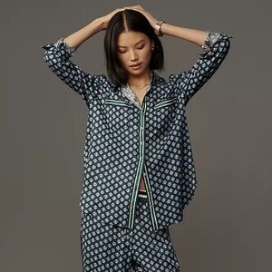 [Maeve] Silky Shirt Blouse - Blue Geo Motif